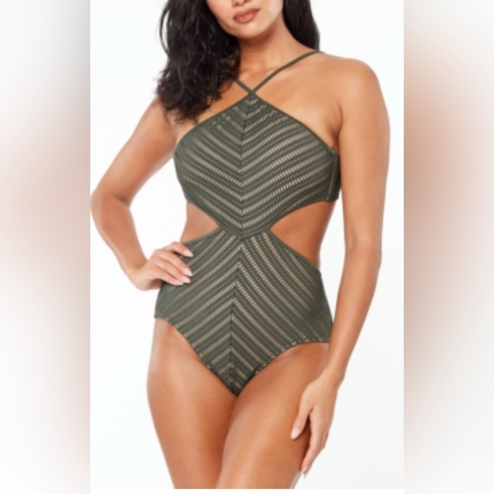 Bar III Olive Green Chevron One Piece Swimsuit